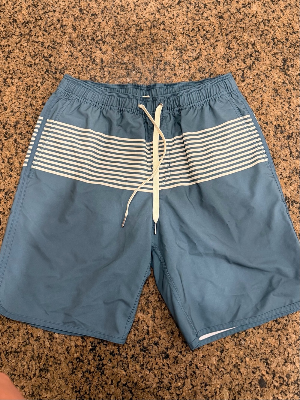 Fair Harbor Slate Blue Swim Board Shorts with White Stripes